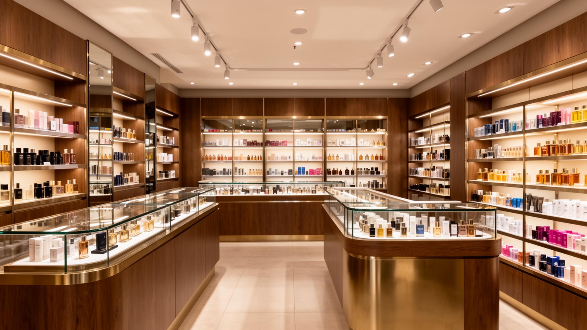 Loja de cosméticos com mobiliário planejado e prateleiras iluminadas
