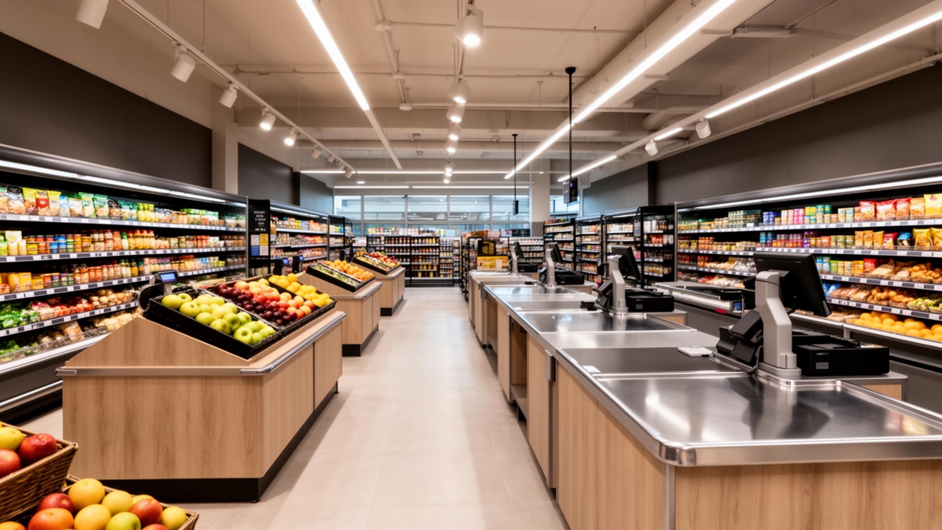 Supermercado moderno com gôndolas e caixas planejados